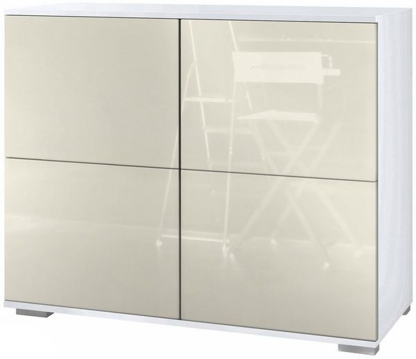 Vladon Kommode Rova V3 (Moderner Küchenschrank, mit 4 Push-to-Open Türen), Weiß matt / Creme Hochglanz (92,5 x 75.5 x 35)