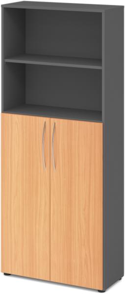 bümö Mehrzweckschrank 80cm breit, Aktenschrank o. Schuhschrank hoch, Regal Schrank-Kombi, Küchenschrank in Graphit/Buche aus Holz, Vorratsschrank & Haushaltsschrank mit Metallgriffen, 4770-G-6-BM