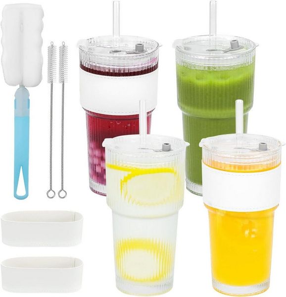 LA CUTE Cocktailglas Feelhap 4er Gläser-Set 600 ml mit Strohhalm & Deckel, wiederverwendbar, Bruchsicher, BPA-frei, wiederverwendbar, inkl. Reinigungszubehör