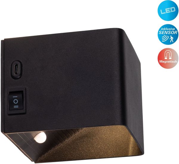 näve LED Wandleuchte Cube, Bewegungsmelder, Ein-/Ausschalter, Memoryfunktion, USB-Ladefunktion, LED fest integriert, Warmweiß, Akku, magnetisch, Bewegungssensor, Memory, USB-C, Kippschalter