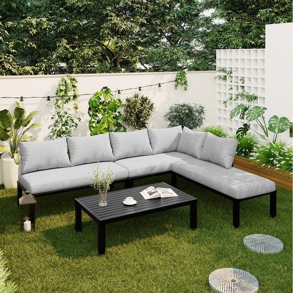 Flieks Gartenlounge-Set umwandelbar in einen Liegesessel, 6-Sitzer Gartenmöbel-Set Sitzgruppe mit abnehmbarer Rückenlehne