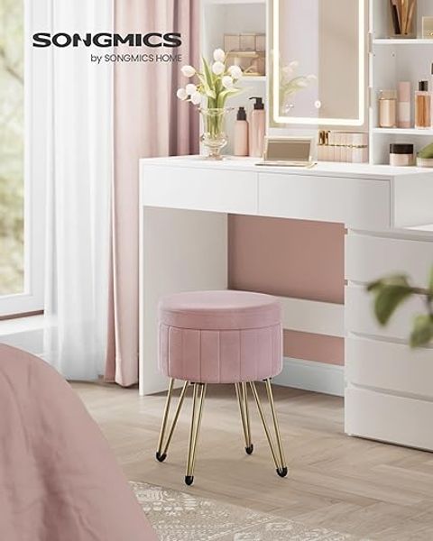 Songmics Sitzhocker Hocker (Schminktischhocker, Samt Schminkhocker), 4 Metallbeine, für Ankleidezimmer, Wohnzimmer, Schlafzimmer, rosa