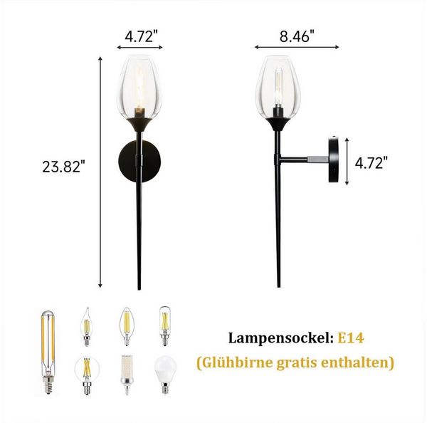 Sunicol Wandleuchte Schwarz Glas LED Wandleuchte mit E14-Glühlampe, 1/2 Stück, LED wechselbar, Vintage Industrielle Wandleuchte für Schlafzimmer, Wohnzimmer