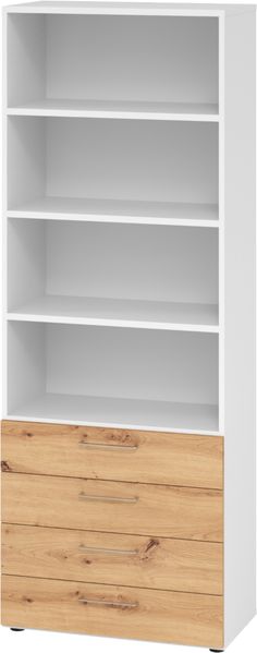 bümö smart Schubladenschrank, Büroschrank 80cm breit in Weiß/Asteiche mit 4 Schüben & 4 Regalfächern - Bürocontainer aus Holz, Container mit Metallgriffen & Soft-Stop Schubladen, 968S4-W-R-BS