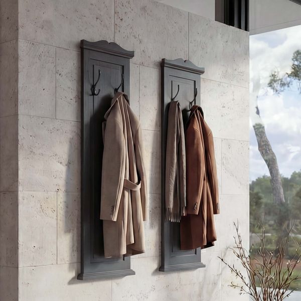 2er-Set Garderobe T33, Wandgarderobe Garderobenpaneel, Wandhaken Holz 109x28x4cm ~ dunkelgrau lackiert