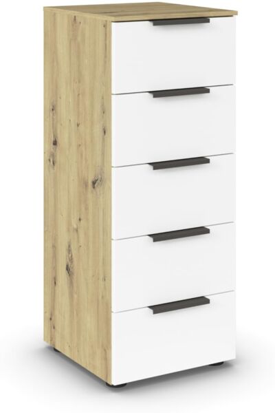 Rauch Möbel Flipp, Kommode für Schlafzimmer, Kinderzimmer, Wohnzimmer, Jugendzimmer, Flur, Garderobe, 5 Schubladen, mit Softclose Funktion, Farbe Eiche Artisan, Holz/Weiß, Breite 40 cm
