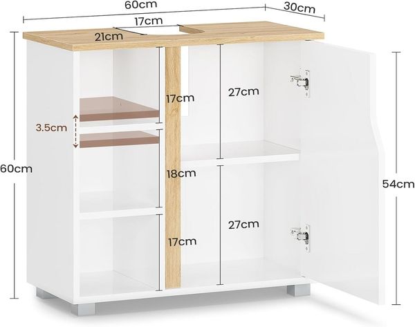 MSMASK Waschbeckenunterschrank Badezimmerschrank mit 3 offene Fächer & Höhenverstellbare Ablagen (1-St) 60 x 30 x 60 cm, Weiß
