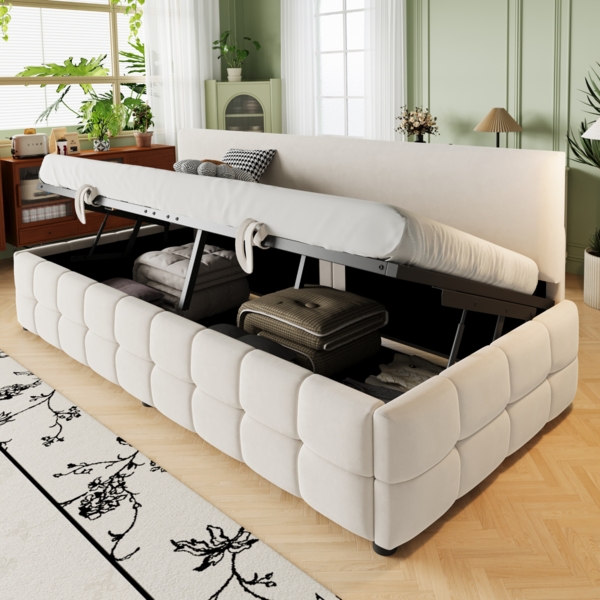 Polsterbett Sofabett, Mit Hydraulischem Stauraum, Rückenlehne Ohne Armlehnen, Mit Markantem, Klassischem Karomuster Am Unteren Rand, Multifunktionales Einzelbett, Samtstoff, Beige, 90 × 200 cm