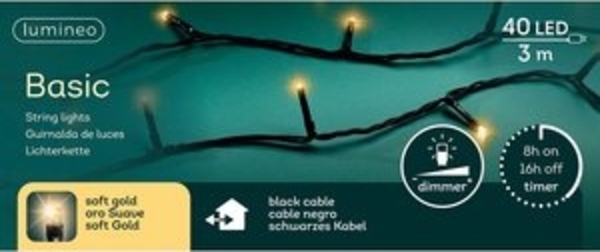 Lumineo LED-Lichterkette Lumineo Lichterkette BASIC 40 LED 3 m Soft Gold, schwarzes Kabel, Indoor/Outdoor, dimmbar, 8h-Timer, 5 m Zuleitung Bild 6