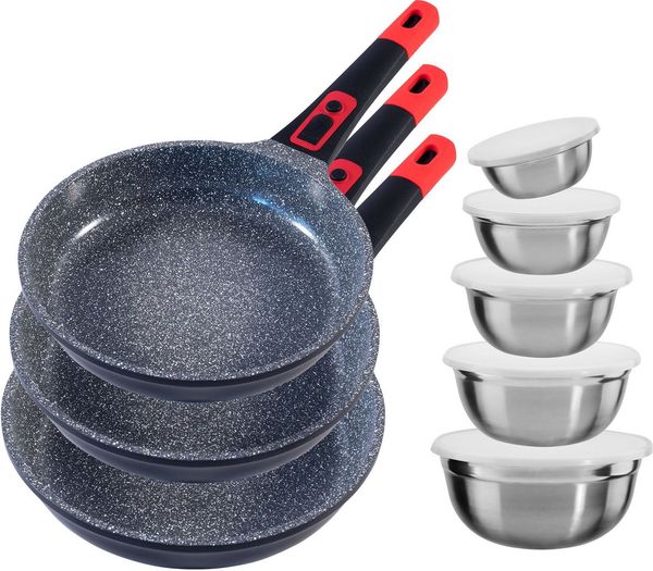 KING Pfannen-Set Click-Grip, Aluminiumguss (Set, 13-tlg, 3 Pfannen, 5 Schüsseln inkl. Deckel), abnehmbarer Griff, Induktion,Keramikbeschichtung»Fusion TI«