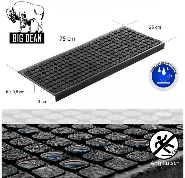 BigDean Stufenmatte Stufenmatten aus Gummi – 75x25 cm – Outdoor Treppenstufenmatten, Eckig, Höhe: 3 mm, Rutschhemmend, Kantenschutz, Outdoor geeignet
