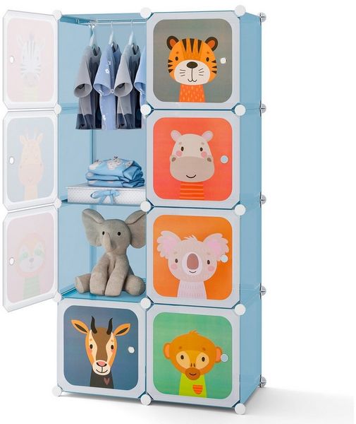 COSTWAY Kinderkleiderschrank mit 2 Kleiderstängen und 12 Würfeln, erweiterbar