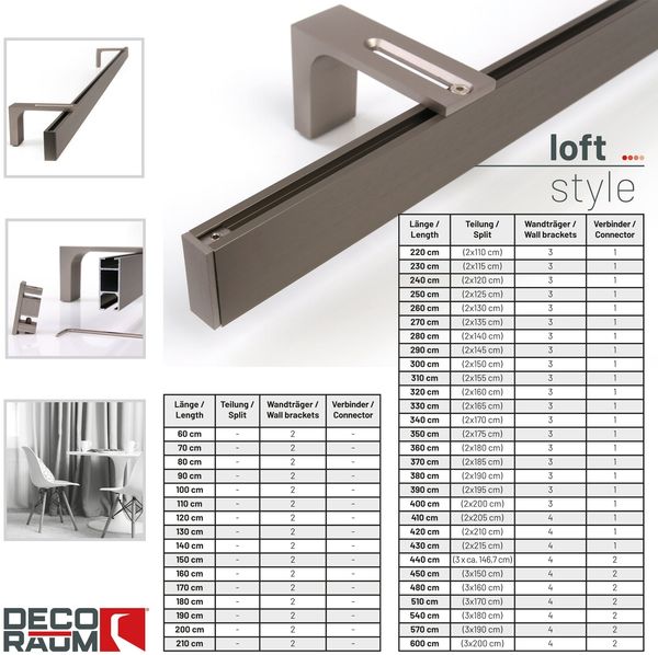 Deco-Raum® Gardinenschiene Innenlauf Loft | Länge: 410cm | Befestigung: Deckenträger | Material: Aluminium | Farbe: Edelstahl optik Bild 3