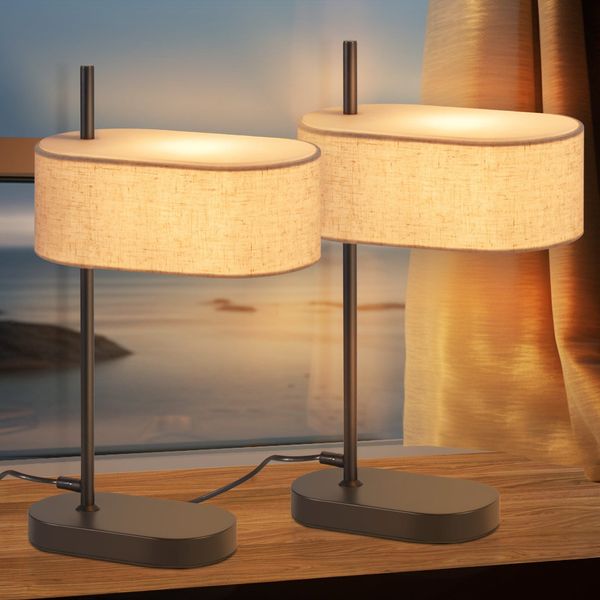 ZMH Nachttischlampe Schlafzimmer Tischlampe Vintage - 2er 44.5cm E14 Schwarz Tischleuchte Leinen Stoffschirm mit Schalter Kabel Retro für Wohnzimmer Büro (ohne Leuchtmittel)