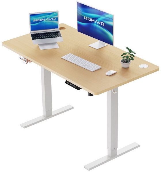HOMAVO Schreibtisch Höhenverstellbarer schreibtisch mit Memory- und Rebound-Funktion (Sitz-Steh-Erinnerung), inkl. Kabelwanne & USB/Typ-C-Anschlüssen, Tischplatte 18 mm