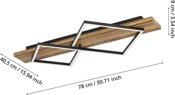 EGLO LED Deckenleuchte Boyal, Deckenlampe 2-flammig, Wohnzimmerlampe aus rustikalem Holz und schwarzem Metall, Lampe Decke FSC zertifiziert, warmweiß, 78 cm