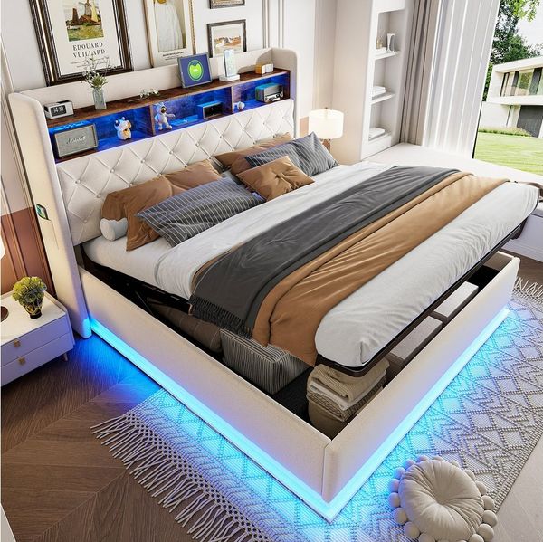 MODFU Polsterbett Doppelbett mit Kopfteil-Ablage (mit USB-Ladeanschluss, hydraulischem Stauraum, Polsterbett 180x200 cm), mit Matratze