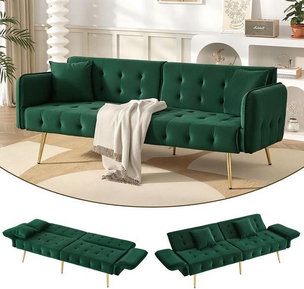 Schlafsofa 215x81,5 cm in Grün mit Velours, Schlaffunktion, verstellbarer Rückenlehne und Armlehnen,70x178x82 cm