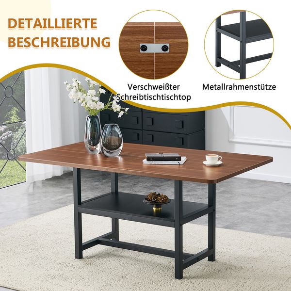 Rechteckiger Esstisch im Industriedesign in Nussbaumfarbe, 160×90×76 cm, für 4–6 Personen, mit multifunktionalem Ablageregal und schwarzen Metallbeinen, Geeignet für Wohnzimmer, Küche und Essbereich Bild 6
