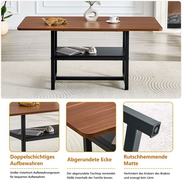 Rechteckiger Esstisch im Industriedesign in Nussbaumfarbe, 160×90×76 cm, für 4–6 Personen, mit multifunktionalem Ablageregal und schwarzen Metallbeinen, Geeignet für Wohnzimmer, Küche und Essbereich Bild 8