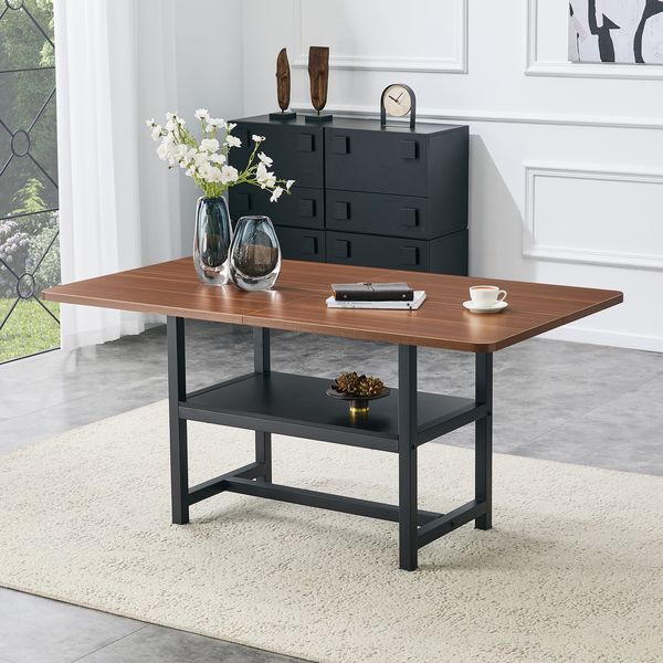 Rechteckiger Esstisch im Industriedesign in Nussbaumfarbe, 160×90×76 cm, für 4–6 Personen, mit multifunktionalem Ablageregal und schwarzen Metallbeinen, Geeignet für Wohnzimmer, Küche und Essbereich
