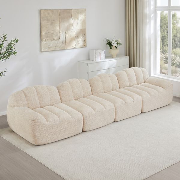 Modulares Sofa 79cm×366cm×104cm 4-Sitzer in Beige-Weiß – rahmenloses Ecksofa aus granulierter Fleece mit 32D Schaumstoff