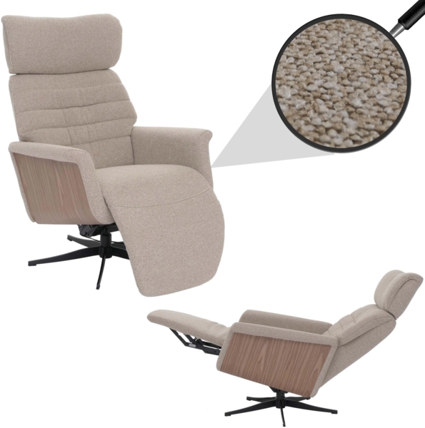 MCA Relaxsessel HWC-N56, Fernsehsessel Liegesessel Fußstütze drehbar Bouclé Stoff Holz ~ Stoff braun, Holz Walnuss-Optik