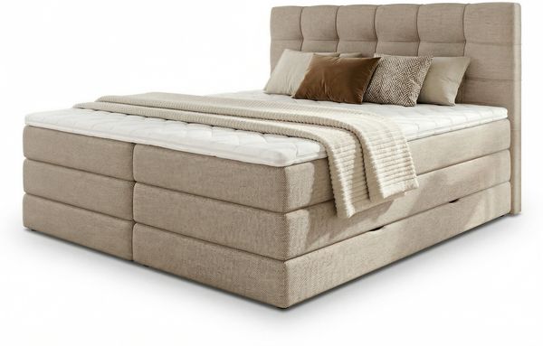 Boxspringbett Best XL mit 2 Bettkästen und Topper, mit Taschenfederkern- und Bonellfederkernmatratze, Doppelbett, Polsterbett aus Webstoff mit Stauraum (Beige (Inari 22), 160 x 200 cm) Bild 2