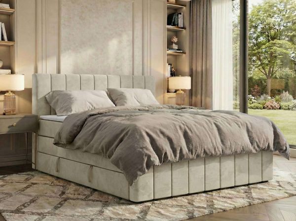 Doppelbett, Boxspringbett mit Stauraum ALVER KING DUO, Polsterbett mit 7-Zonen-Multipocket-Kern H4, Topper Visco, Boxspringbett mit 2 Bettkästen - Beige Velvet