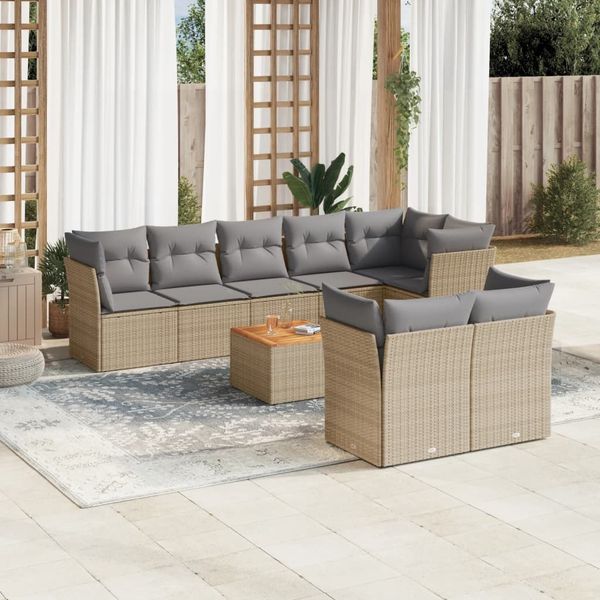 vidaXL 9-tlg. Garten-Sofagarnitur mit Kissen Beige Poly Rattan 3256066