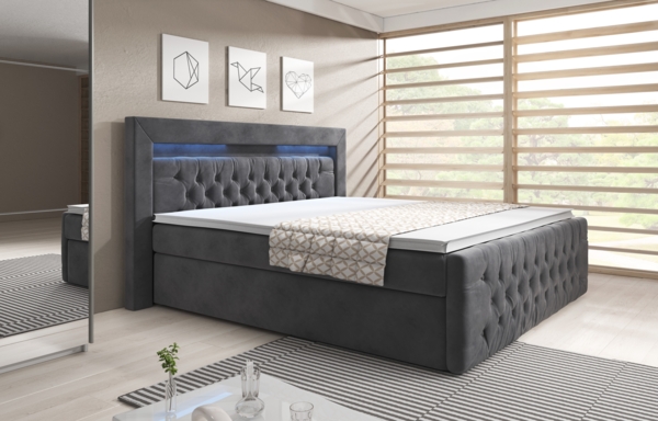 Ascona Boxspringbett mit LED-Beleuchtung, Bunt-LED, 180x200 cm, Matratze H3, Grau
