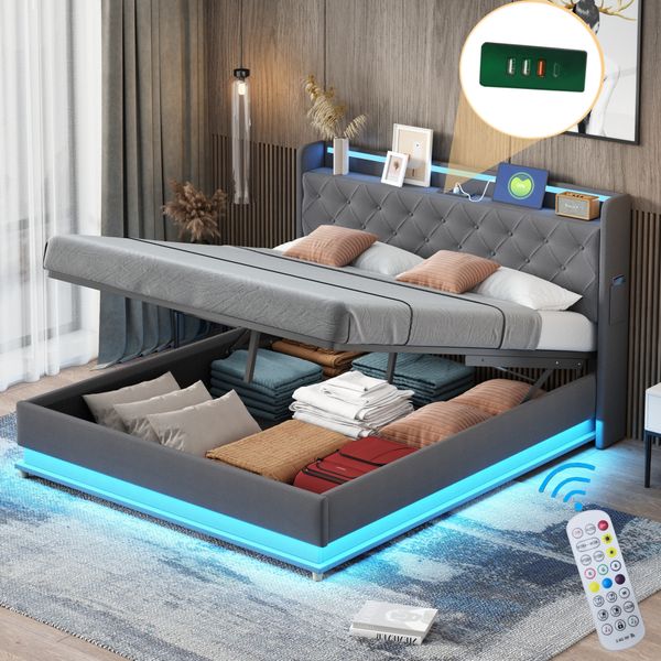LED Polsterbett 160*200 cm mit USB-Ladeanschluss und Hydraulischer Lagerung, Hautfreundlicher Leinenstoff Grau