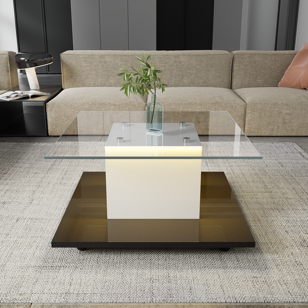Couchtisch 80 x 80 x 40 cm mit Glasplatte, LED-Beleuchtung und Rollen, Hochglanz Weiß/Schwarz