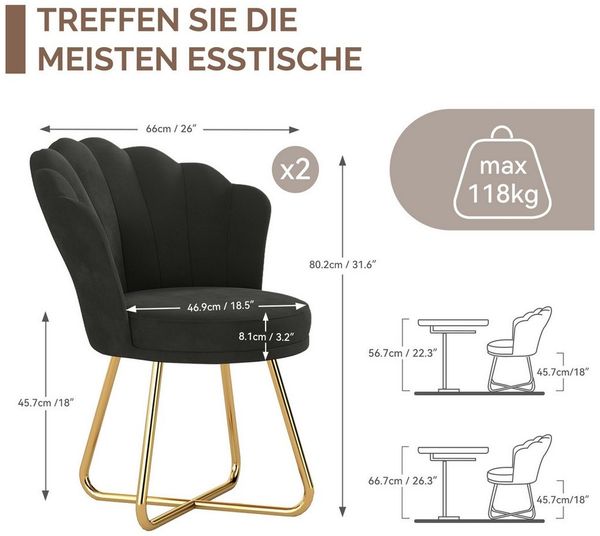 HawthyHome Polsterstuhl Polstersessel mit Blütenblatt-Rückenlehne & Goldene Metallbeine (2 St), ideal für Esszimmer & Schminktisch