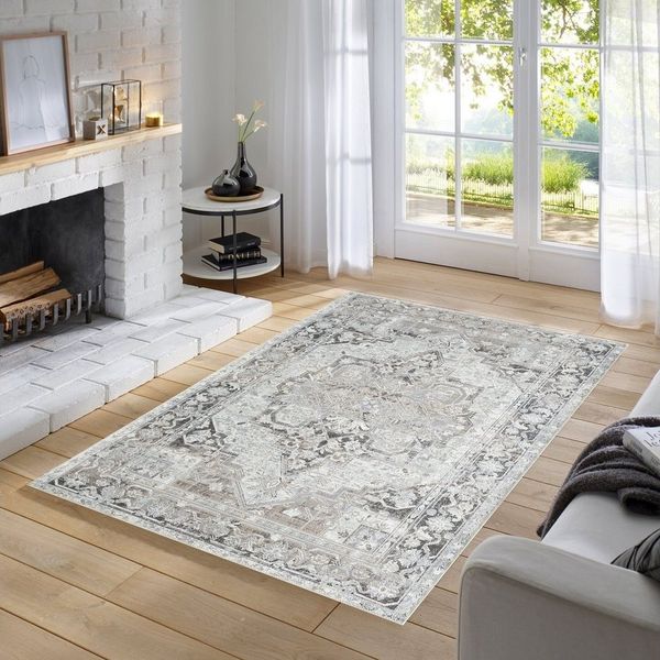 TaraCarpet Teppich Odessa Flachgewebe Vintage Design waschbar, rechteckig, Höhe: 1 mm, Teppich Heriz grau für Wohnzimmer Schlafzimmer Esszimmer 080x150 cm
