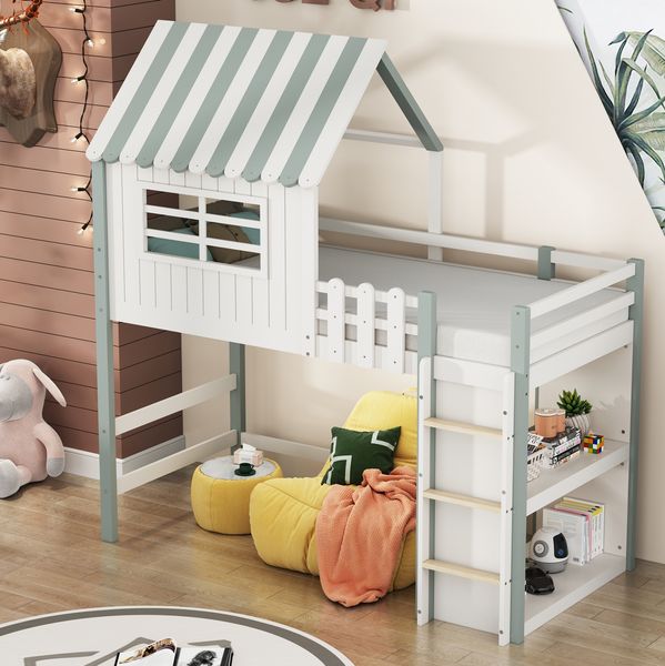 Hausbett Grün Mit Dachdesign 90x200 Massivholz Sicherheitsgitter 120kg Tragkraft Etagenbett Kinderzimmer Spielbett Eisdielen Design