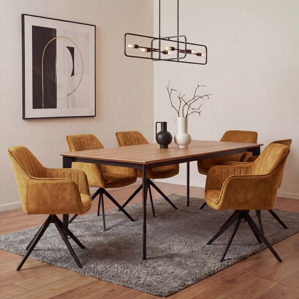 6er-Set Esszimmerstuhl HWC-L79, Küchenstuhl Armlehne drehbar Auto-Return Samt 440g/m² ~ Wildleder-Optik senfgelb