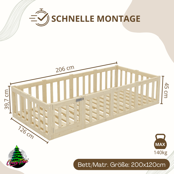 Crazy Pine 'Crazy Johnny' Kinderbett mit Rausfallschutz 40 cm, Holz, Natur, 120x200 cm, mit Tür Bild 2