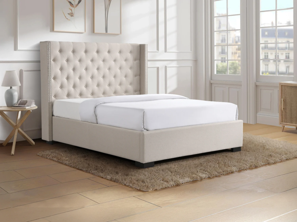 Vente-unique - Bett 160 x 200 cm mit gepolstertem Kopfteil - Stoff Beige + Matratze - MASSIMO