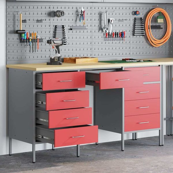 vidaXL Werkbank mit Schubladen 3 pcs Rot Ingenieure Holz und Stahl 3321377