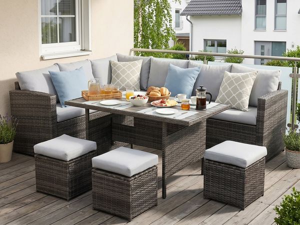 MeXo Gartenlounge-Set Lounge Gartenmöbelset für 8-10 Personen, (Outdoor Garten-Essgruppe, 7-tlg, 8 cm breitere Armlehnen, pflegeleichte Polywood-Tischplatte), Belastbarkeit pro Sitzplatz bis zu 140kg, für Terrasse Garten