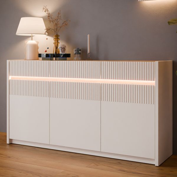 Forte OAK SQUERE Sideboard 160, elegantes Sideboard mit 3 Türen, Beleuchtung und Lamellendesign, Holzwerkstoff, Mauvella Eiche Dekor /Sand, 160 cm breit x 85,9 cm hoch x 41,5 cm tief