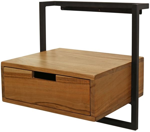 Nachttisch Akazienholz massiv, modernes Loft Design, Natur, mit Schublade und Metallgestell