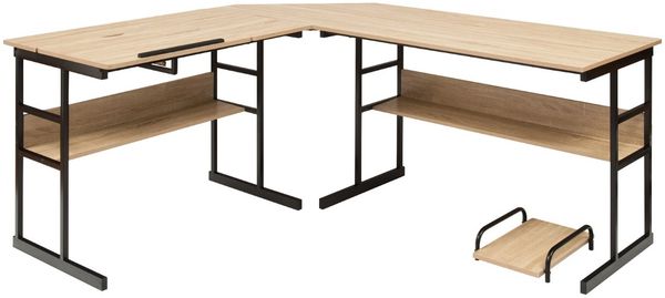 L-förmiger Schreibtisch mit neigbarer Tischplatte unterem Bücherregal & CPU-Ständer Zeichentisch Computertisch 170 x 150 x 75 cm Natur