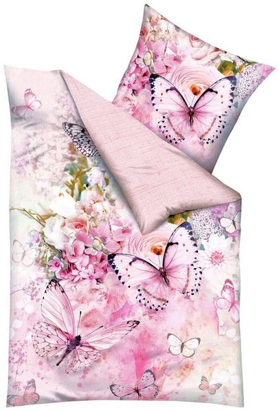 Kaeppel Wendebettwäsche 155x220 cm Butterfly Dreams Rosé, Mako-Satin, 2 teilig, hochwertiger Digitaldruck mit elegantem Schmetterlingsmotiv, Baumwolle