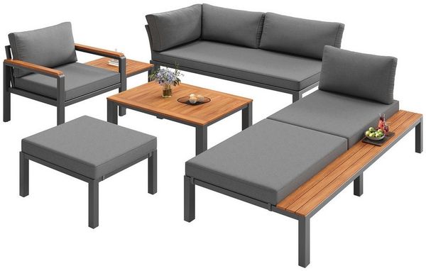 KLAM HOME Gartenlounge-Set Modulare Outdoor-Lounge in Grau – Frei kombinierbar, (Robuster Metallrahmen & Akazienholztische), Atmungsaktive Kissen für Terrasse, Balkon & Pool
