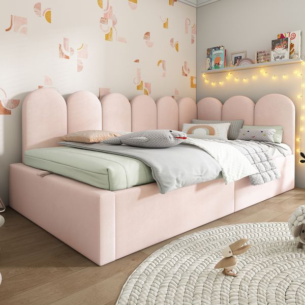 Tagesbett 90x200 cm Rosa Samt mit Stauraum, hydraulischem Lattenrost, Gitter-Design, Schlafsofa