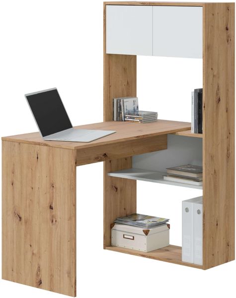 Habitdesign, Schreibtisch mit 3-Fach positionierbarem Bücherregal – Flexibles Aufbewahrungssystem in Eiche Nodi und Arktisweiß, ideal für Homeoffice, Jugendzimmer oder Arbeitsbereich, Modell Duo