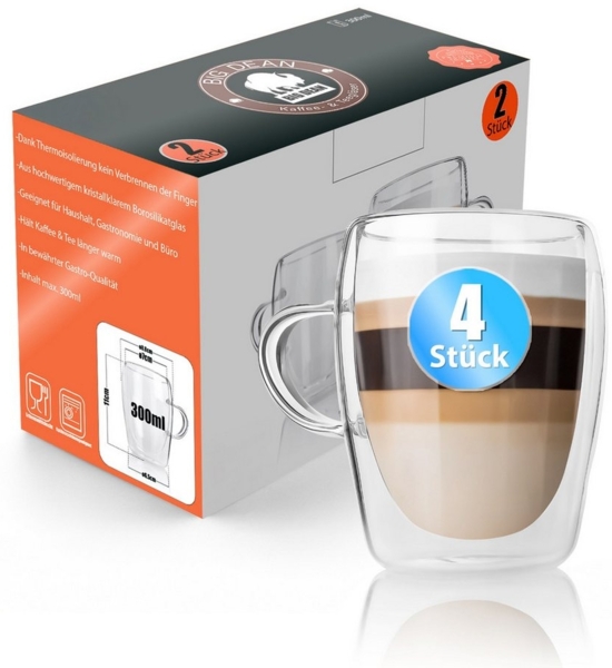 BigDean 4 Stück doppelwandige Latte Macchiato Gläser mit Henkel 300 ml Teetasse Thermogläser Teegläser Kaffeegläser in Geschenkverpackung