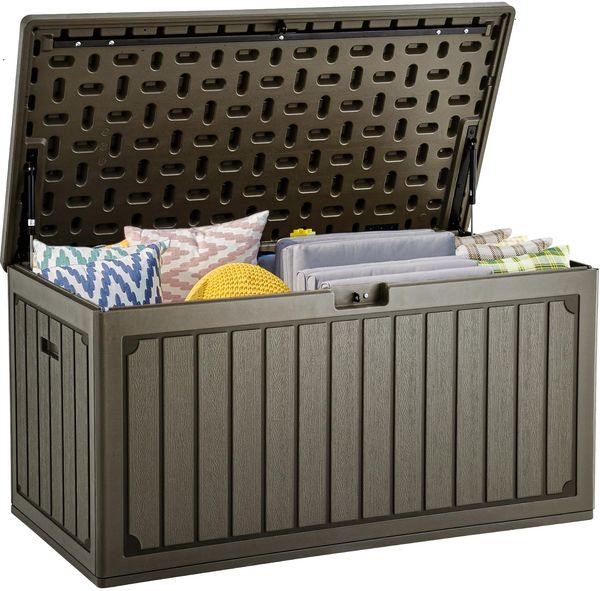 YITAHOME 303L Gartenbox Auflagenbox, HDPE Aufbewahrungsbox mit Schloss & Seitengriffen, Wetterfeste Sitzbank für Terrasse, Gartenmöbel, Kissen, Poolzubehör, Hellbraun